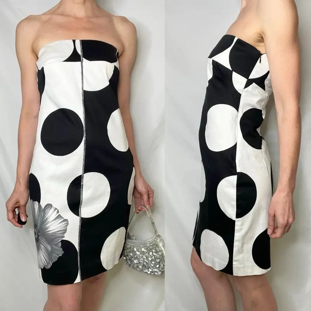 Cache strapless polka dot flower mini dress white black floral vintage Y2K 4 - Picture 13 of 16